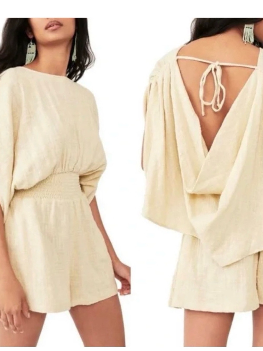Free People Cream Smocked-Waist Open-Back Romper
